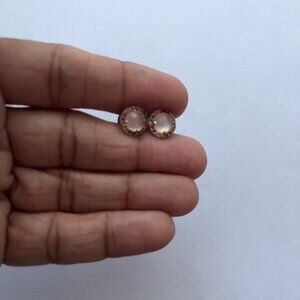 14K Rose Gold, Moonstone, and Rainbow Gemstone Studs